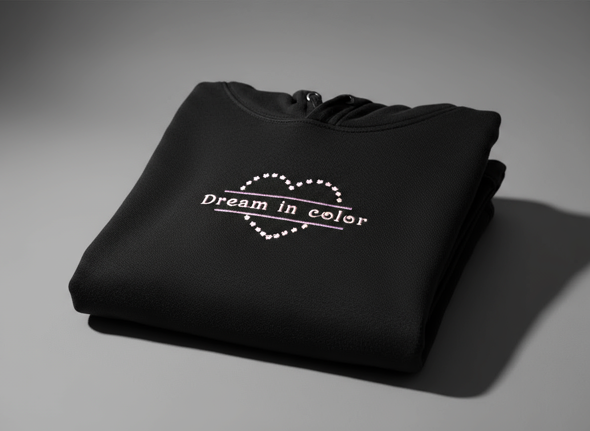 Black folded hoodie with pastel pink embroidered heart outline and ‘Dream in color’ text.