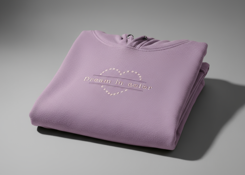 Folded purple hoodie with 'dream in color' text on a gray background
