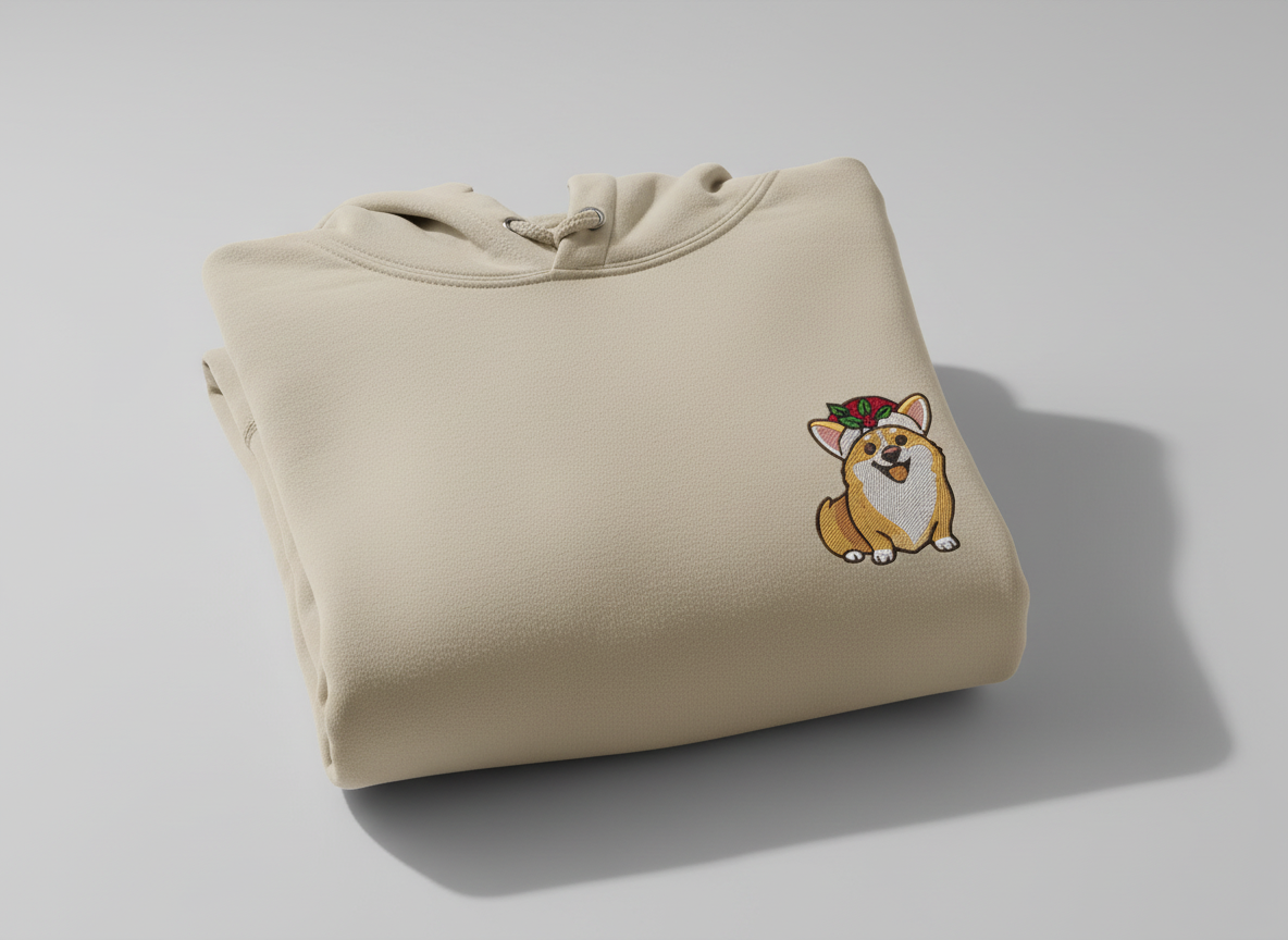 Holiday Corgi Embroidered Hoodie – Cozy Christmas Clothing