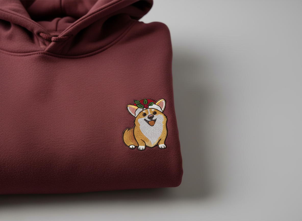Holiday Corgi Embroidered Hoodie – Cozy Christmas Clothing