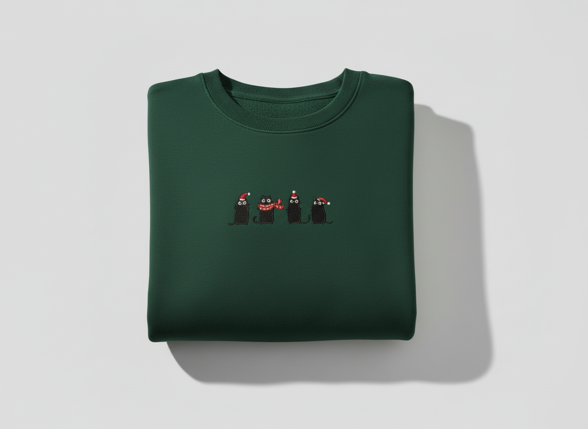 Cozy Christmas Cat Embroidered Sweatshirt - Festive Black Cat