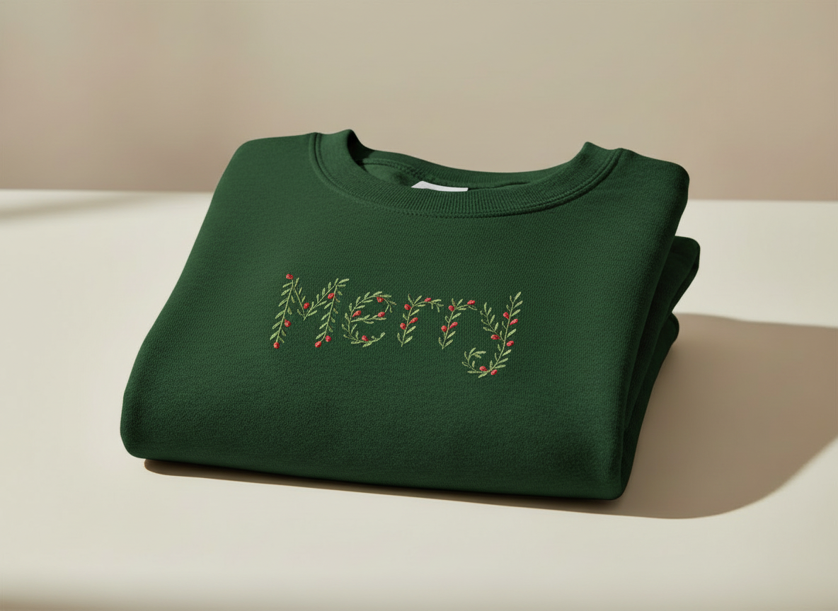 The 'Merry' Botanical Embroidered Crewneck - Cozy Holiday Edition