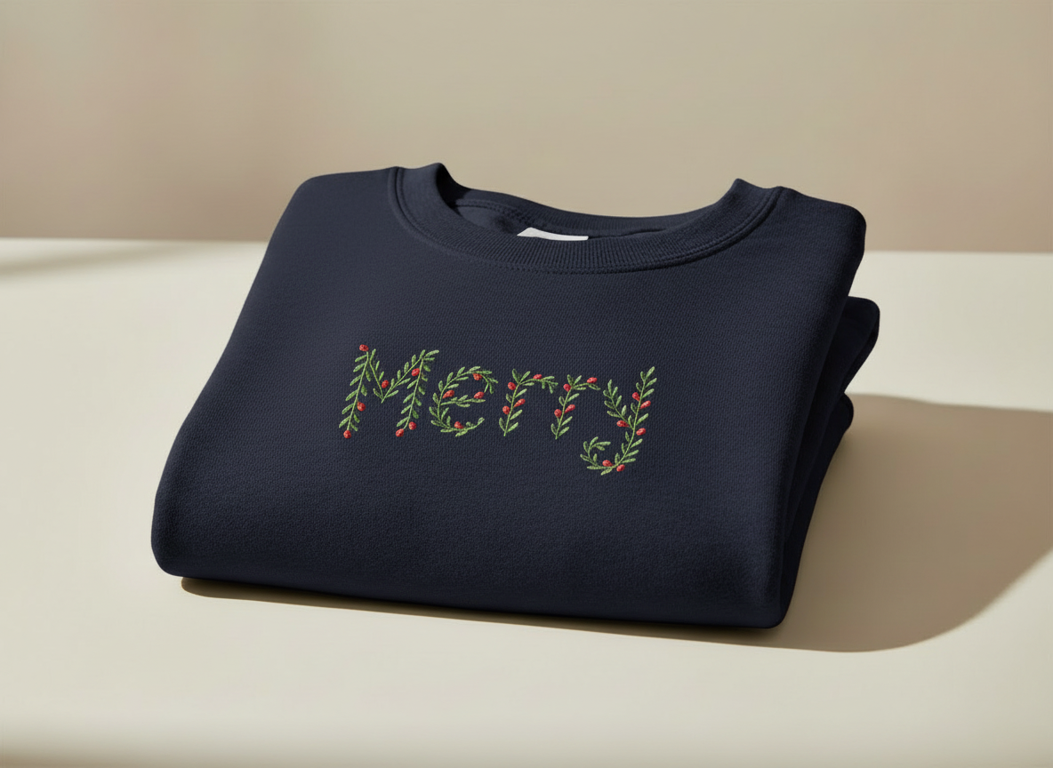 The 'Merry' Botanical Embroidered Crewneck - Cozy Holiday Edition