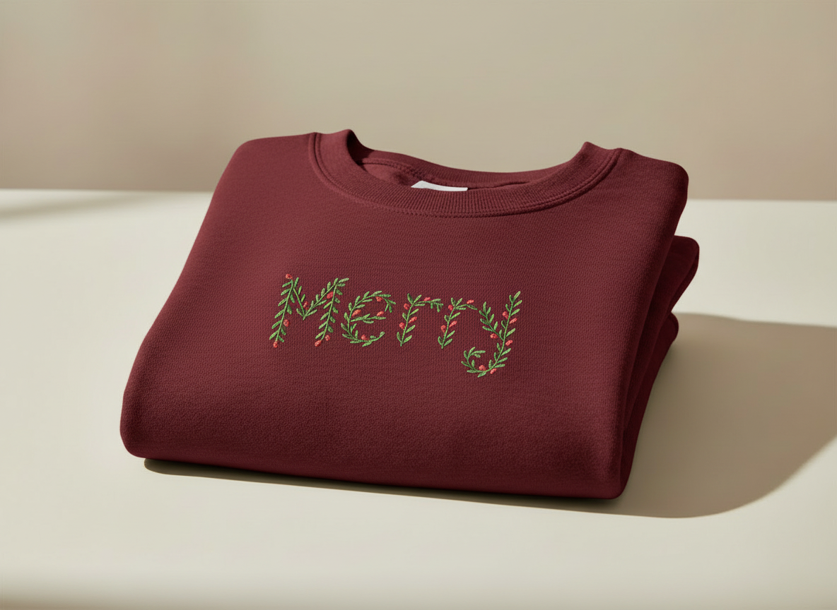 The 'Merry' Botanical Embroidered Crewneck - Cozy Holiday Edition