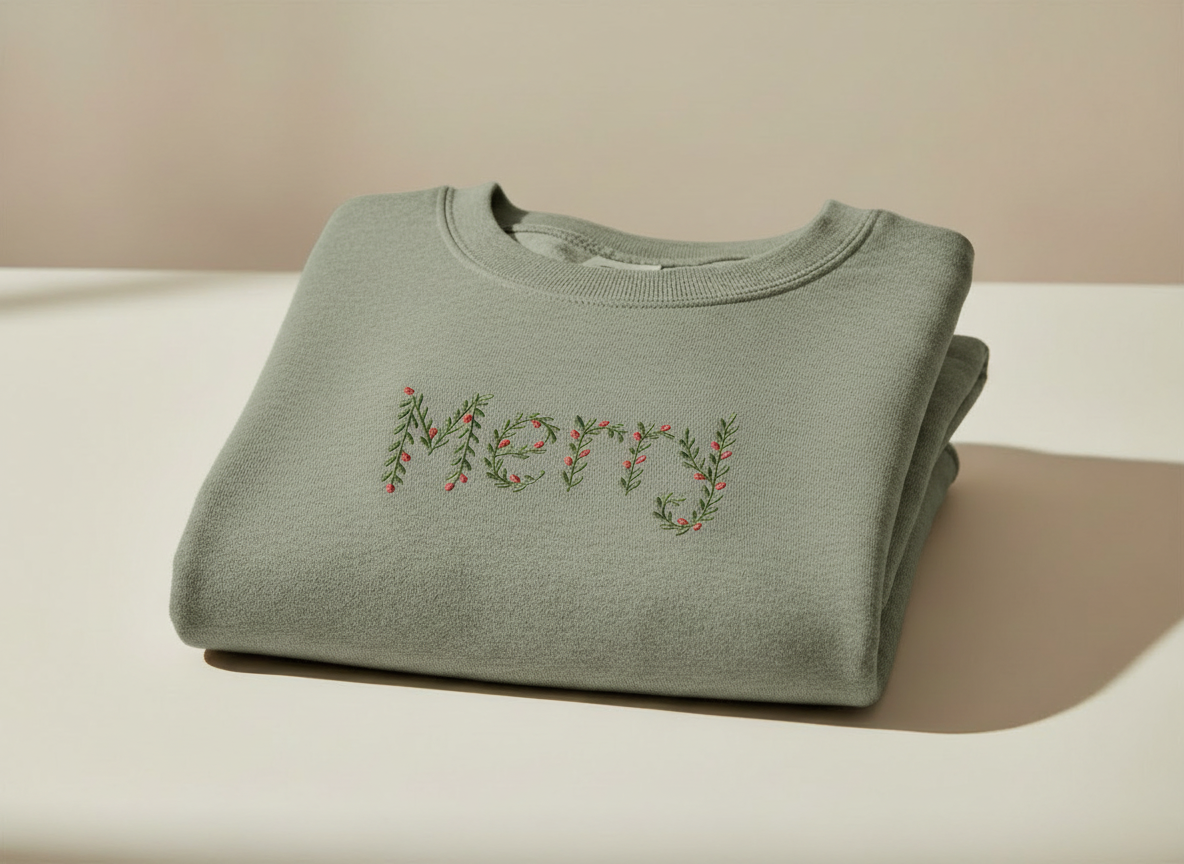 The 'Merry' Botanical Embroidered Crewneck - Cozy Holiday Edition