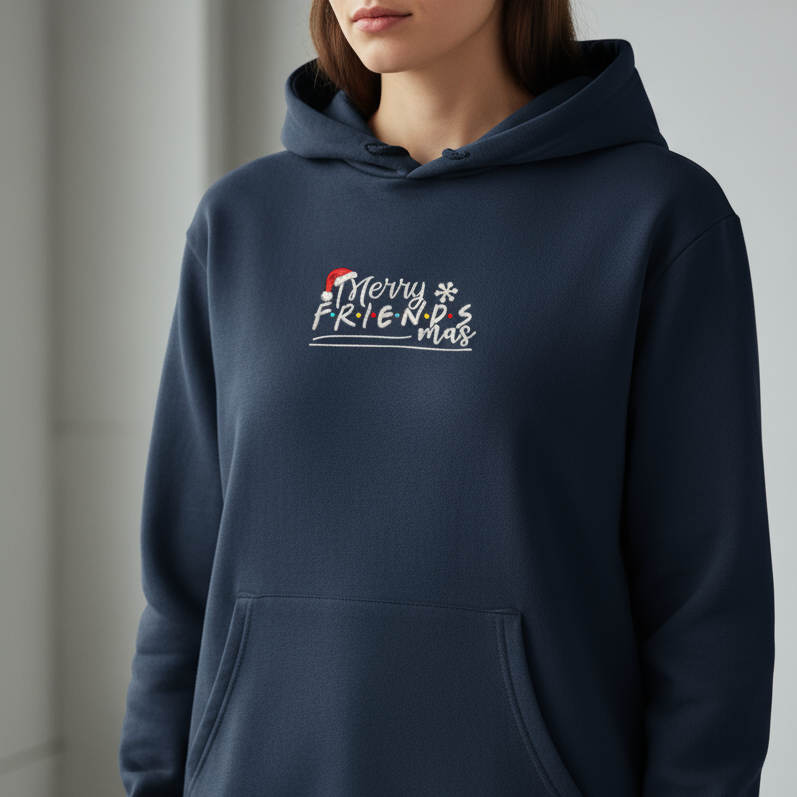 Navy blue hoodie with 'Merry Friendsmas' text worn by a person in a neutral setting