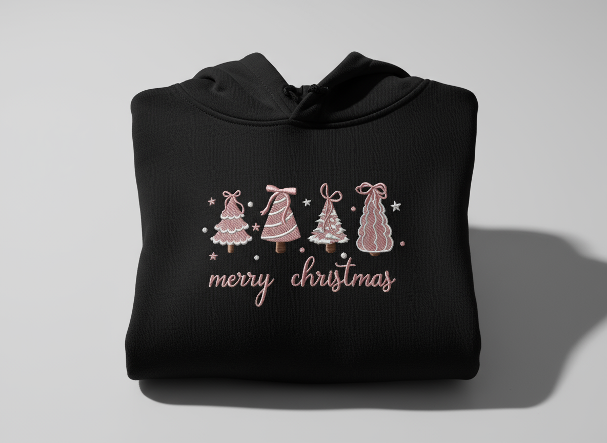 Cozy Embroidered Christmas Tree Hoodie - Pink Stitching - Unisex