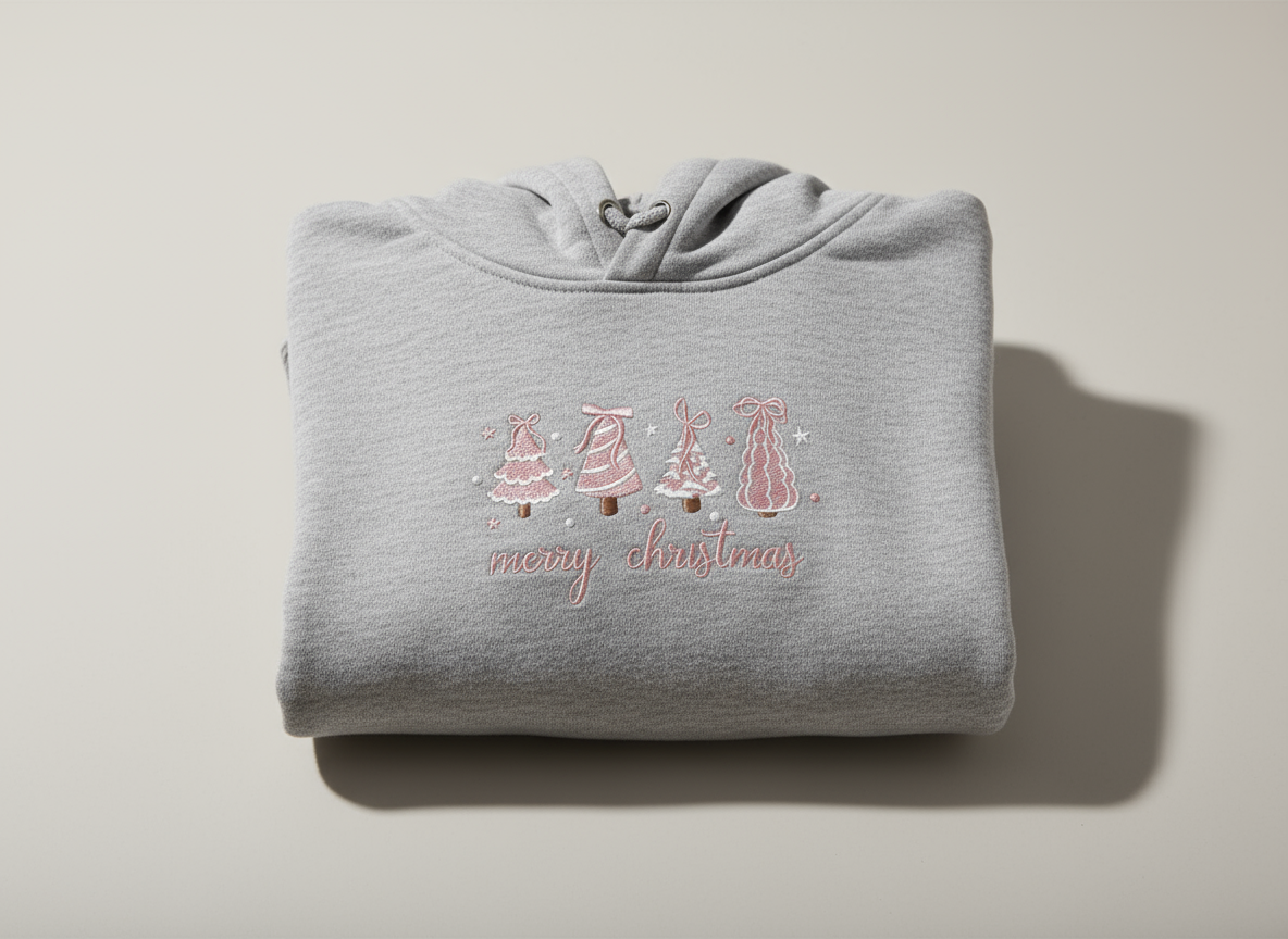 Cozy Embroidered Christmas Tree Hoodie - Pink Stitching - Unisex