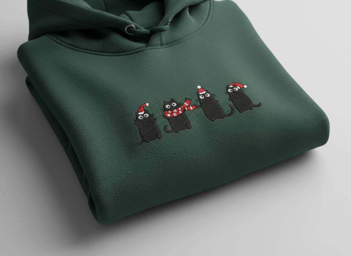 Cozy Christmas Cat Embroidered Hoodie - Festive Black Cat