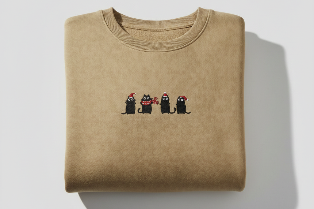 Folded beige sweatshirt with embroidered cats design on a light gray background