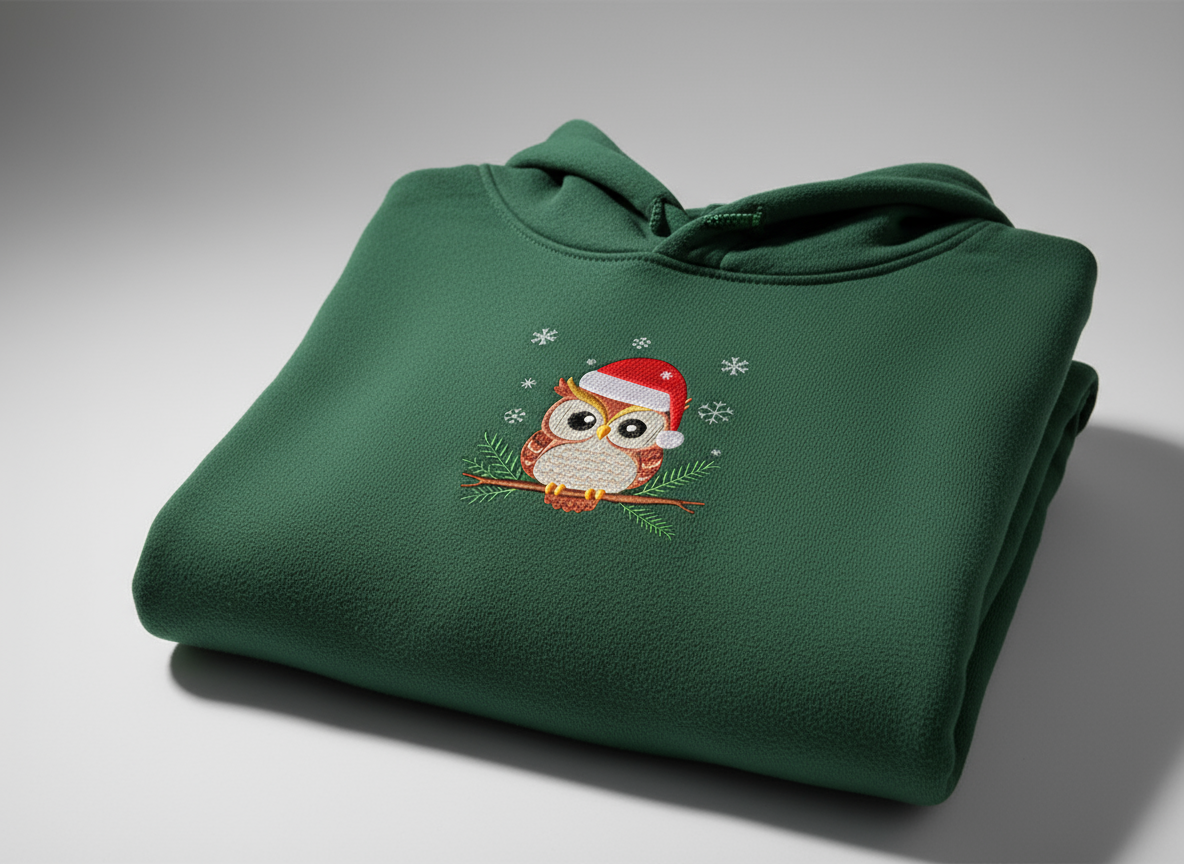 The Festive Owl Embroidered Forest Green Unisex Hoodie