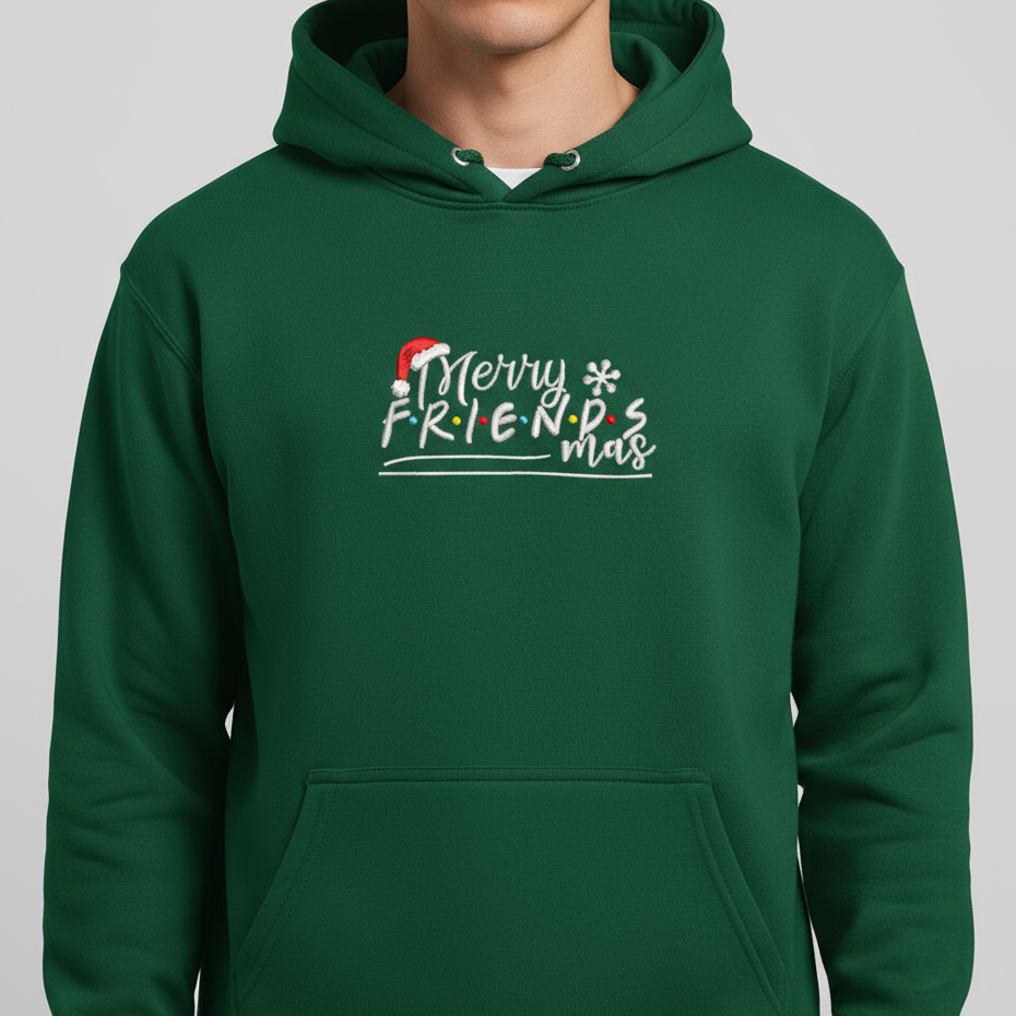 Green hoodie with 'Merry Friendsmas' text on a gray background