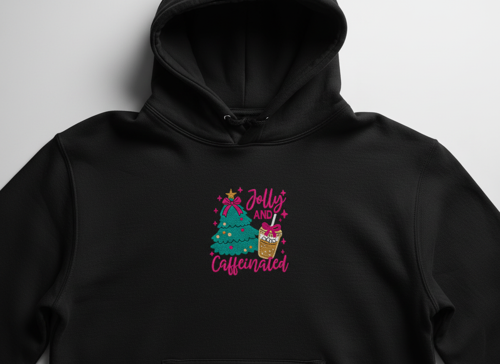 Jolly & Caffeinated Christmas Hoodie – Holiday Coffee Lover Hoodie