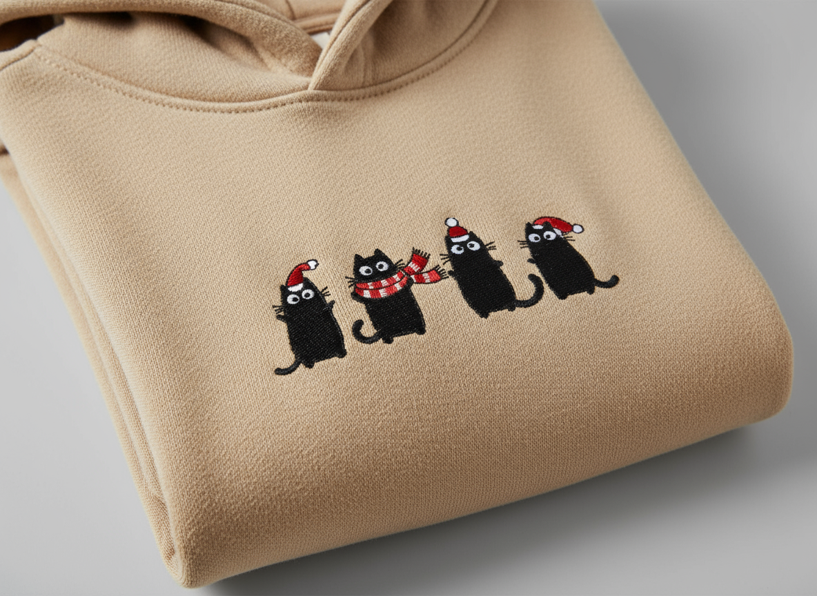 Cozy Christmas Cat Embroidered Hoodie - Festive Black Cat