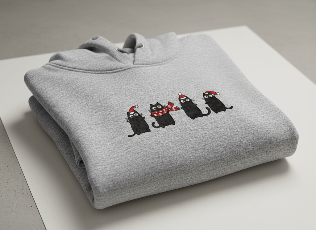 Cute Christmas Cat Embroidered Hoodie