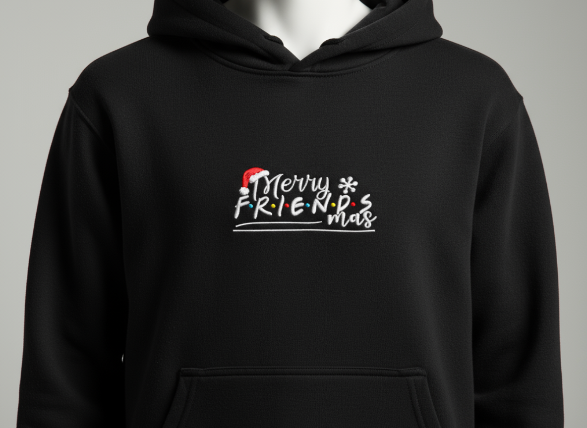 Black hoodie with 'Merry FRIENDSmas' text design on a gray background