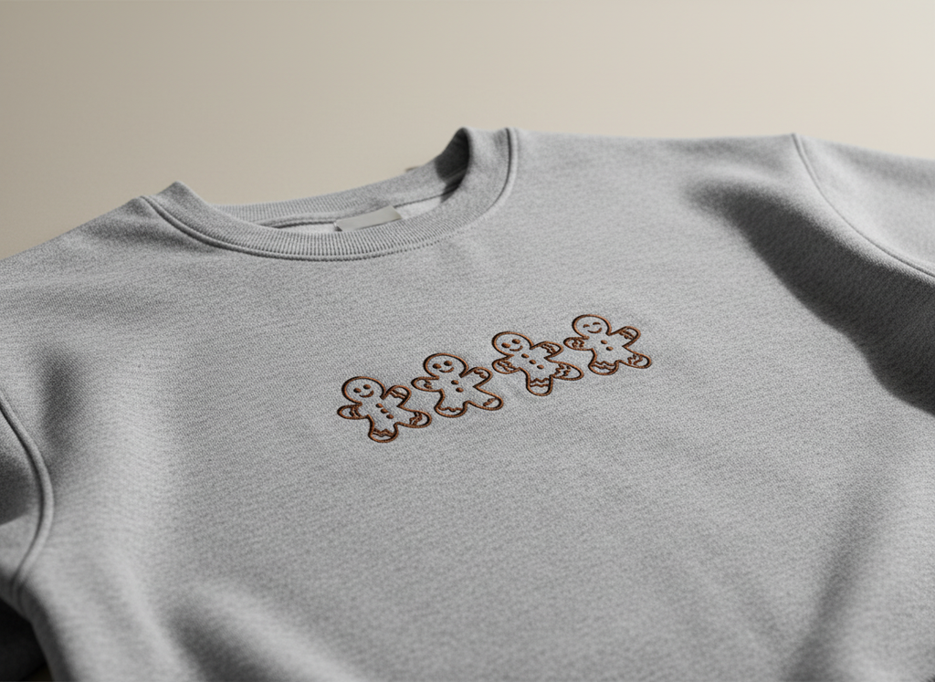 Gray sweatshirt with embroidered gingerbread men design on a beige background