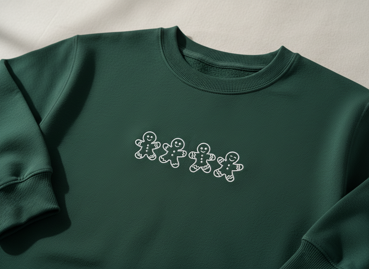 Green sweatshirt with white embroidered gingerbread men design on a neutral background